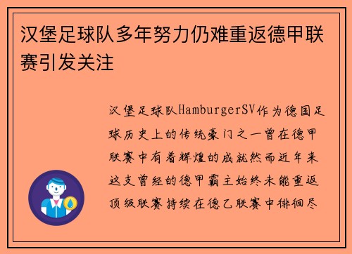 汉堡足球队多年努力仍难重返德甲联赛引发关注