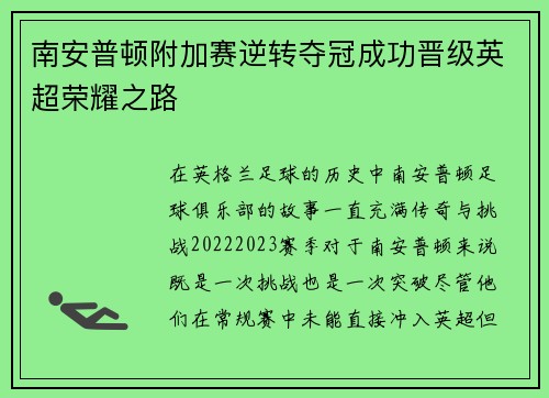 南安普顿附加赛逆转夺冠成功晋级英超荣耀之路
